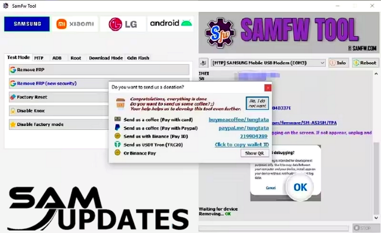 After a few moments, the SamFw Tool will provide you with a success message.